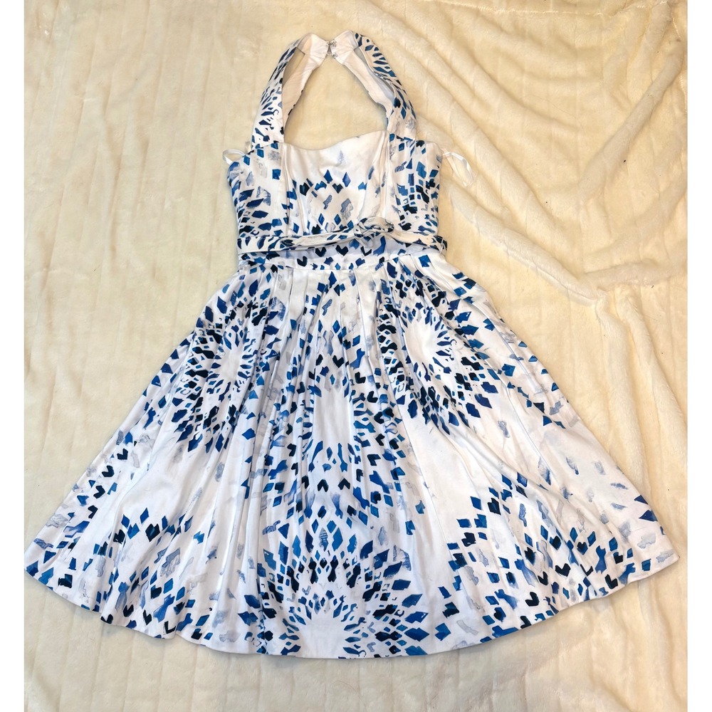 WHBM dress Blue White Geometric Diamond Print Halter Fit & Flare Sunburst Belted - Picture 2 of 11